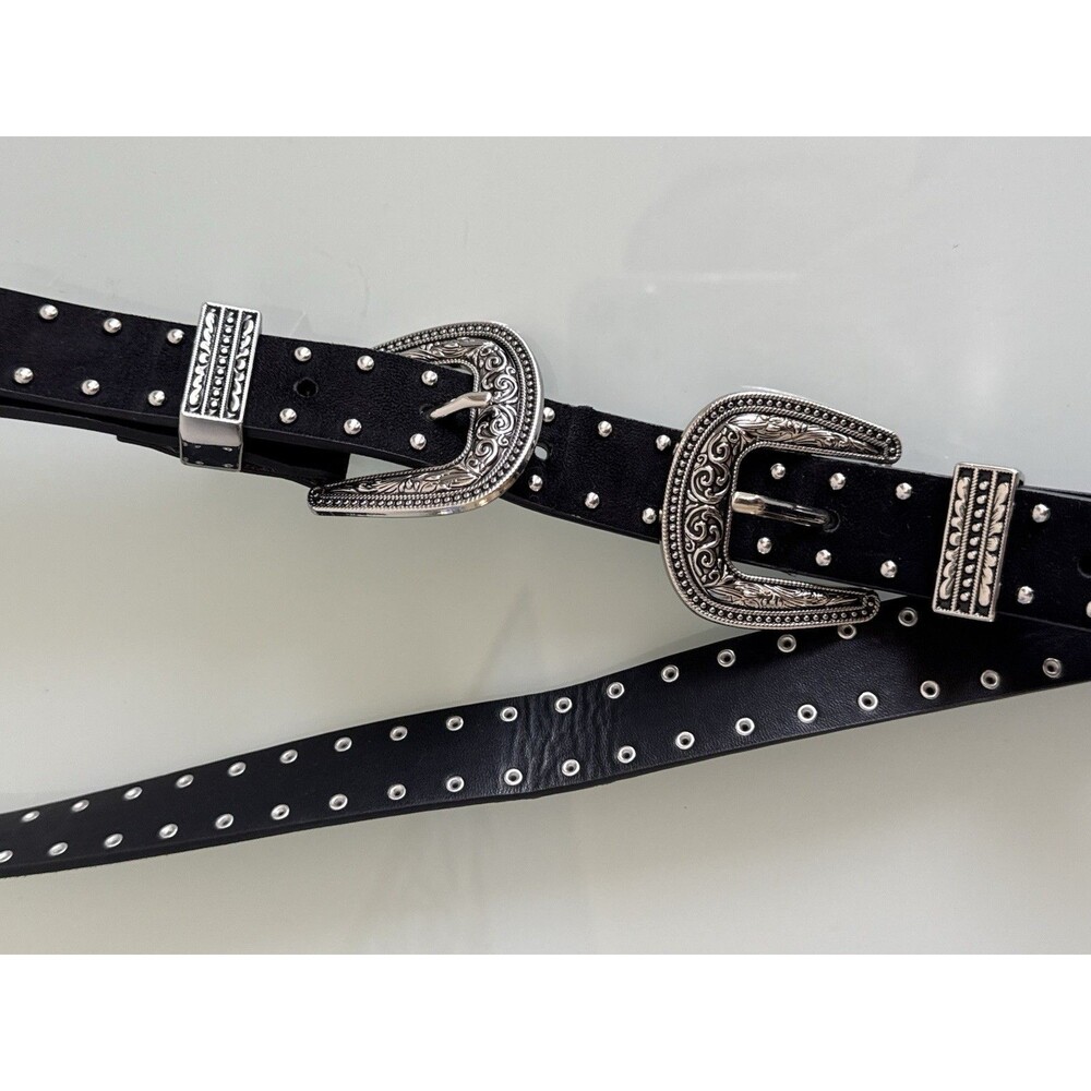 Vintage Western Black Suede Leather Studded Double Buckle